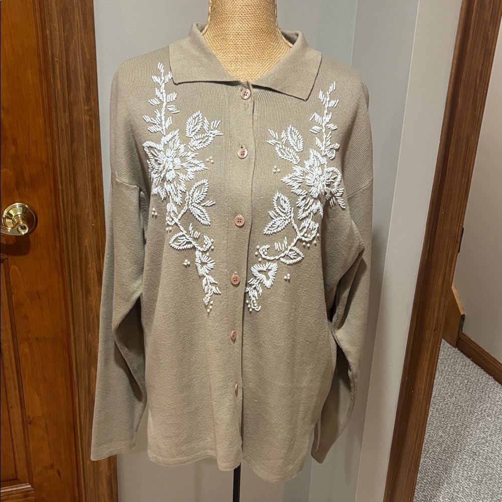 Embroidered Button-Up Sweater - Tan
